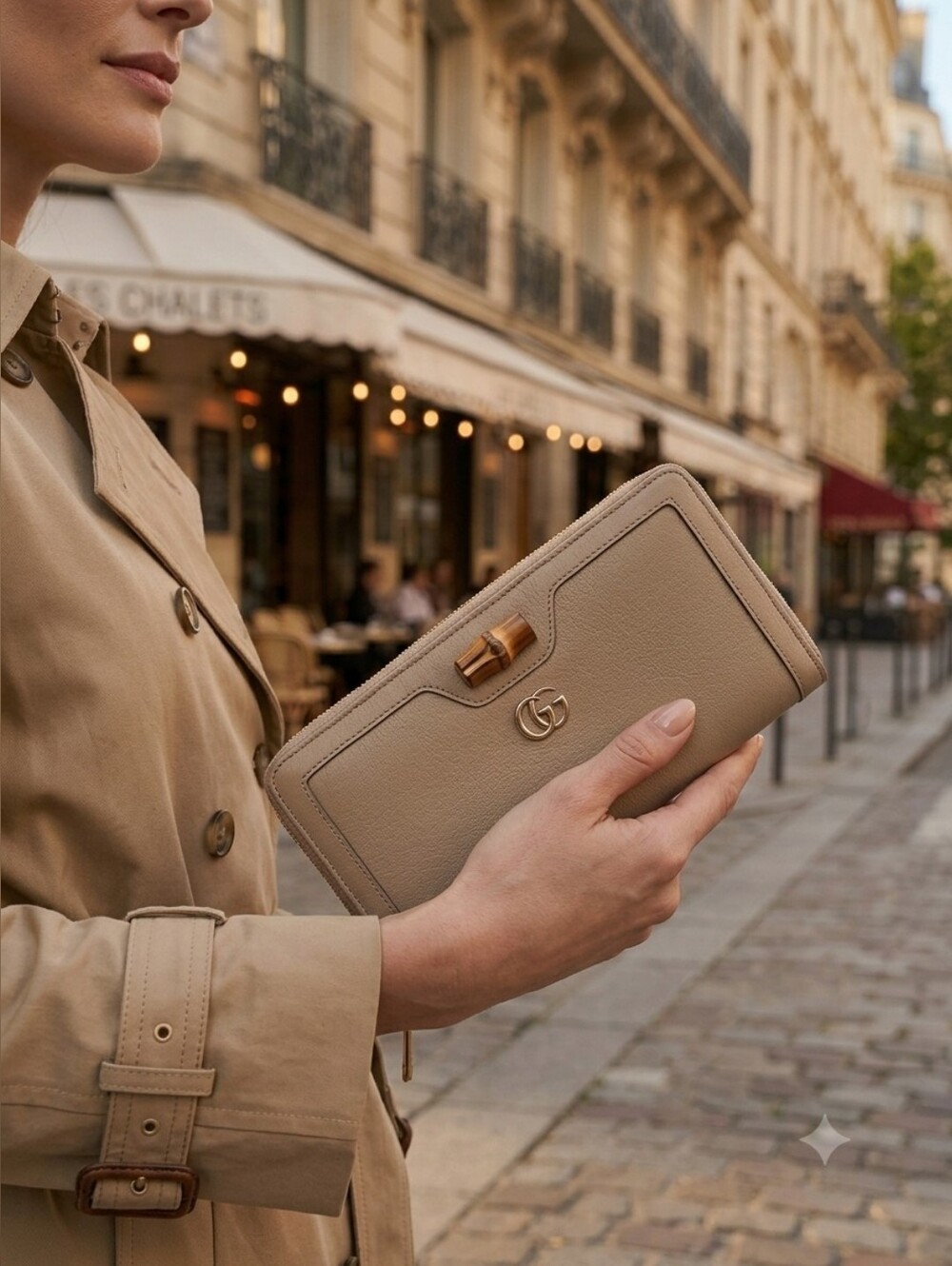 Gucci Diana Continental Beige Leather Zip-Around Wallet with Bamboo Accent